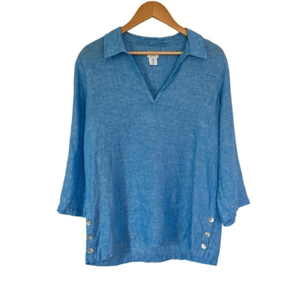 Sigrid Olsen Blue 100% Linen Tunic‎ Top Side Button Coastal Lagenlook Pullover M